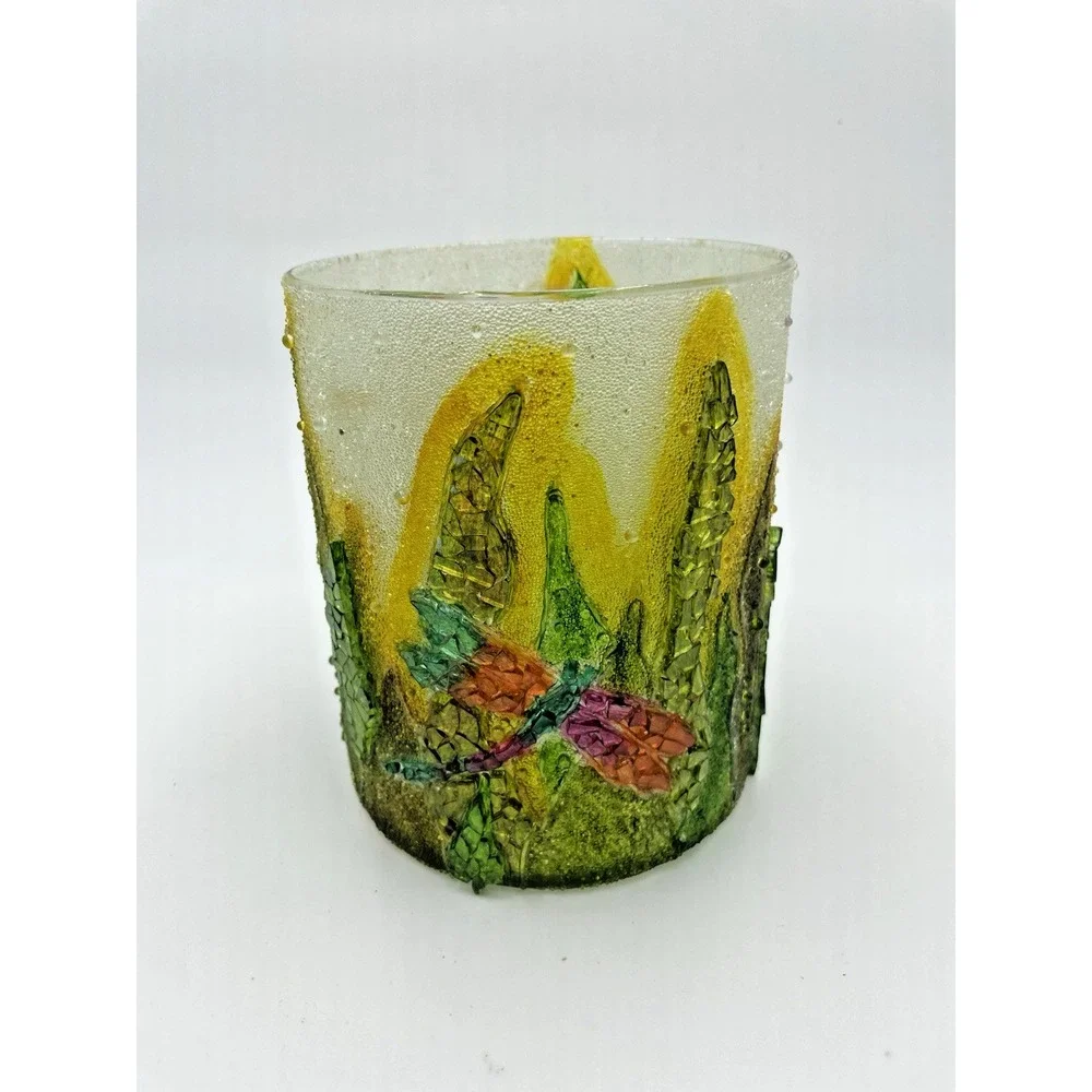 Vtg Pier‎ One Mosaic Glass Dragonfly Pillar Candle Holder 6x5